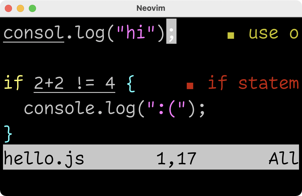 Neovim showing some diagnostics, with no signs and no gutter