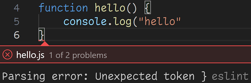 Typing 'console.log("hello"' into VS Code and showing the ESLint error