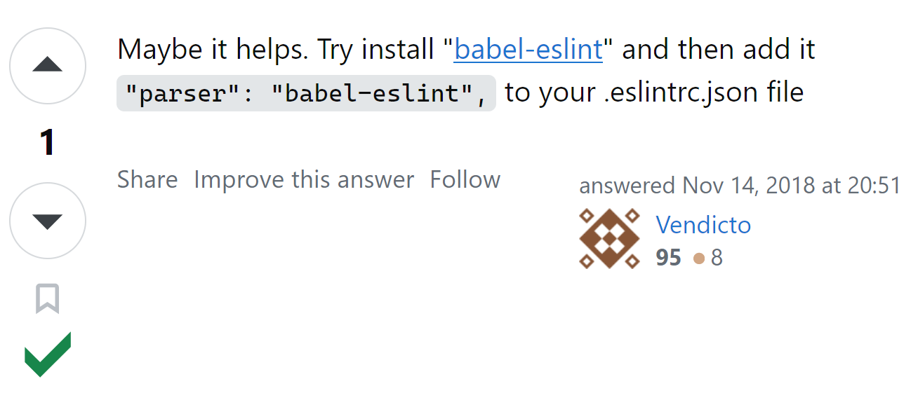 StackOverflow answer suggesting using babel-eslint with ESLint