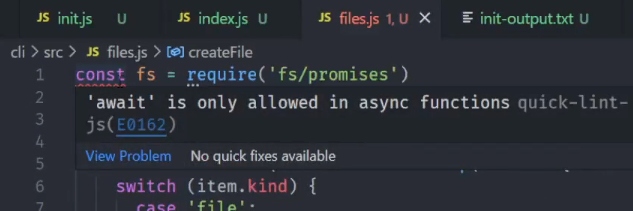 Hovering over a JavaScript error: 'await is only allowed in async functions'