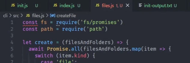 JavaScript code, where 'const' in 'const fs = require('fs/promises')' has a red underline