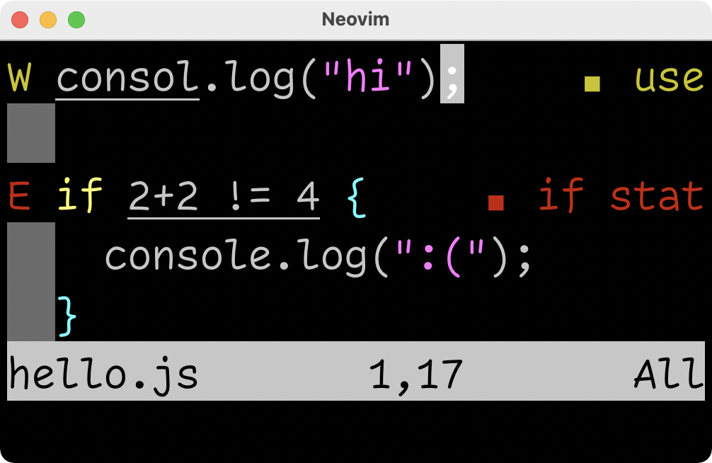 Neovim showing some diagnostics, with signs in the gutter