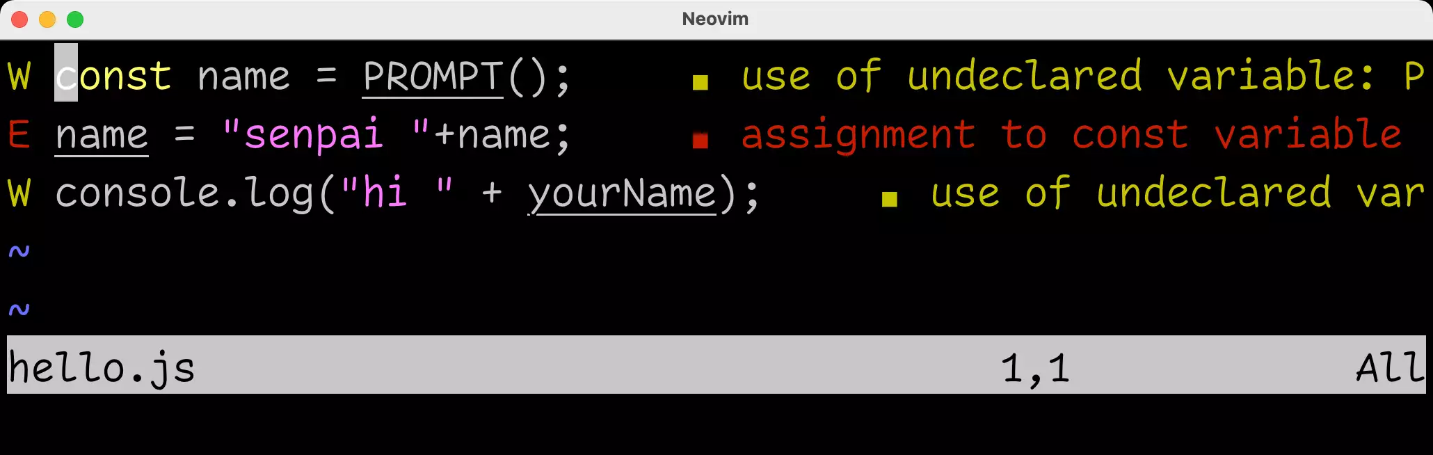 Fixing several mistakes in a JavaScript program in Neovim, demonstrating quick-lint-js