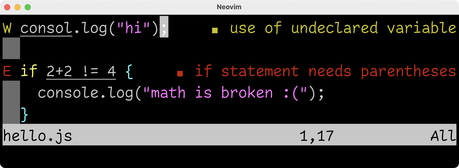 Neovim with quick-lint-js running on macOS in iTerm 2