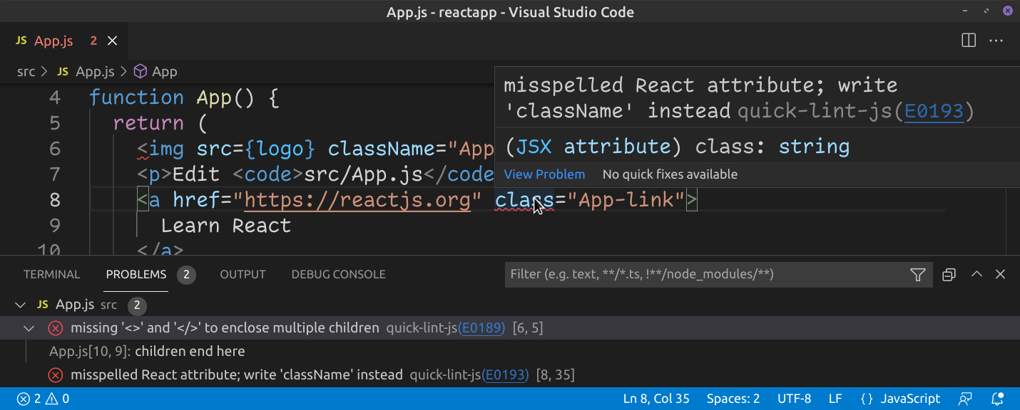 quick-lint-js running in Visual Studio Code