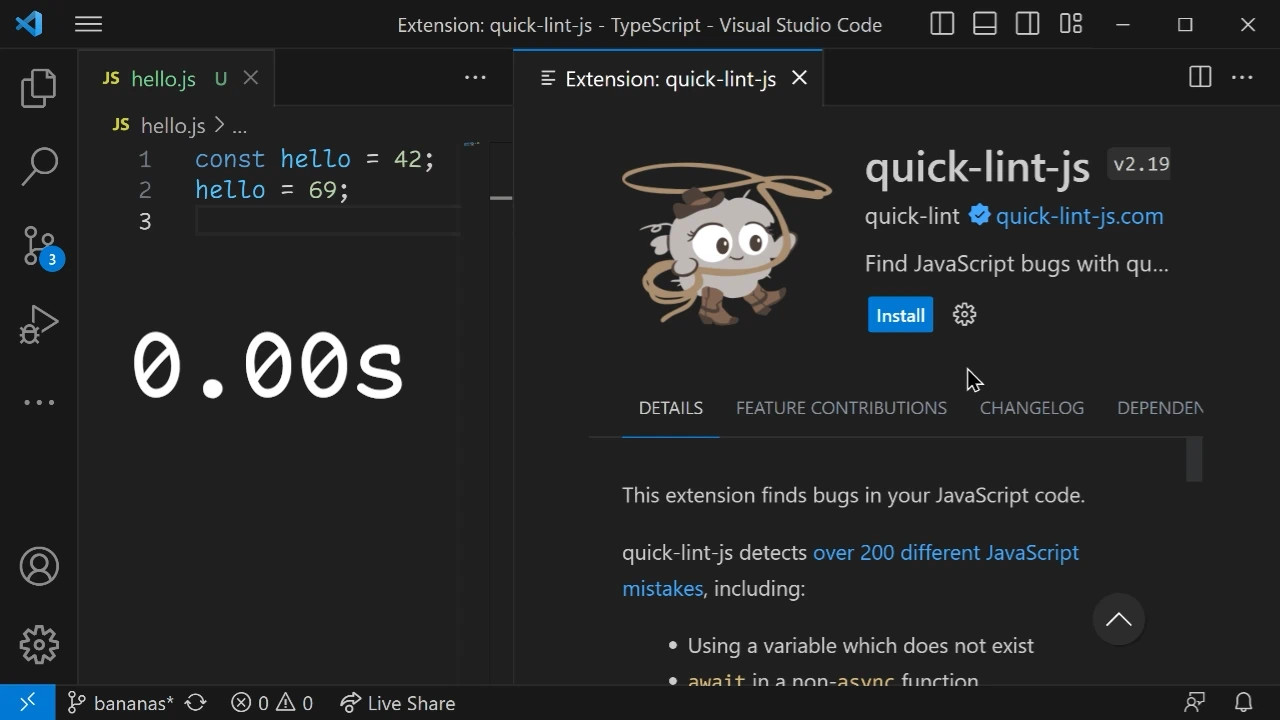 quick-lint-js's VS Code extension installs in 0.48 seconds