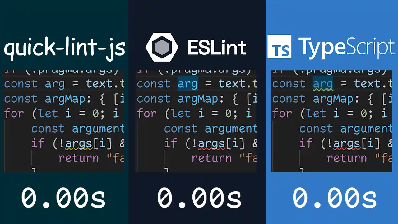 quick-lint-js: 0.04 seconds; ESLint: 1.23 seconds; TypeScript: 1.23 seconds