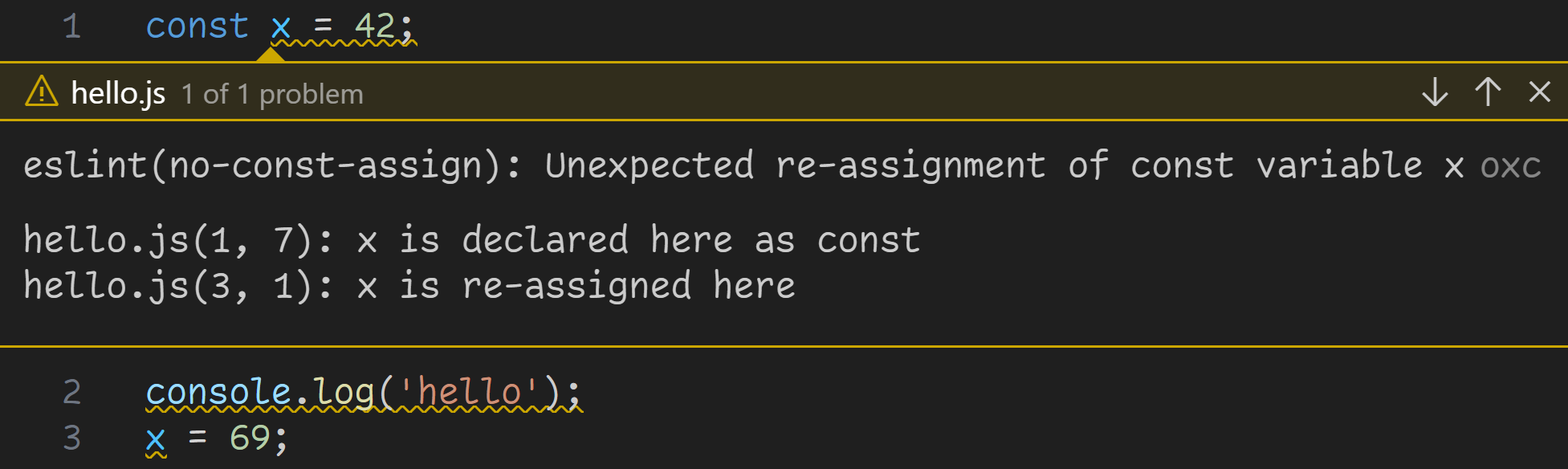 no-const-assign warning reported by Oxc's Visual Studio Code extension spanning multiple lines