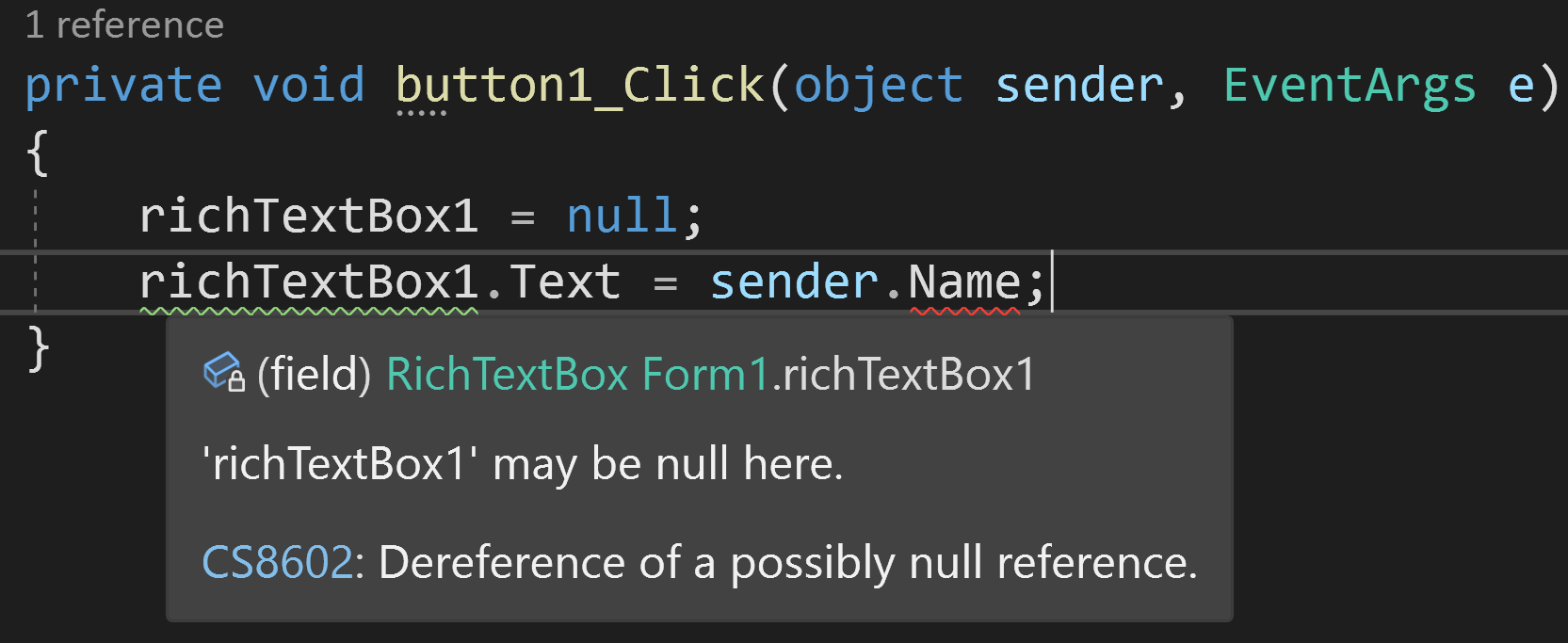 Visual Studio showing a bug: 'richTextBox1' may be null