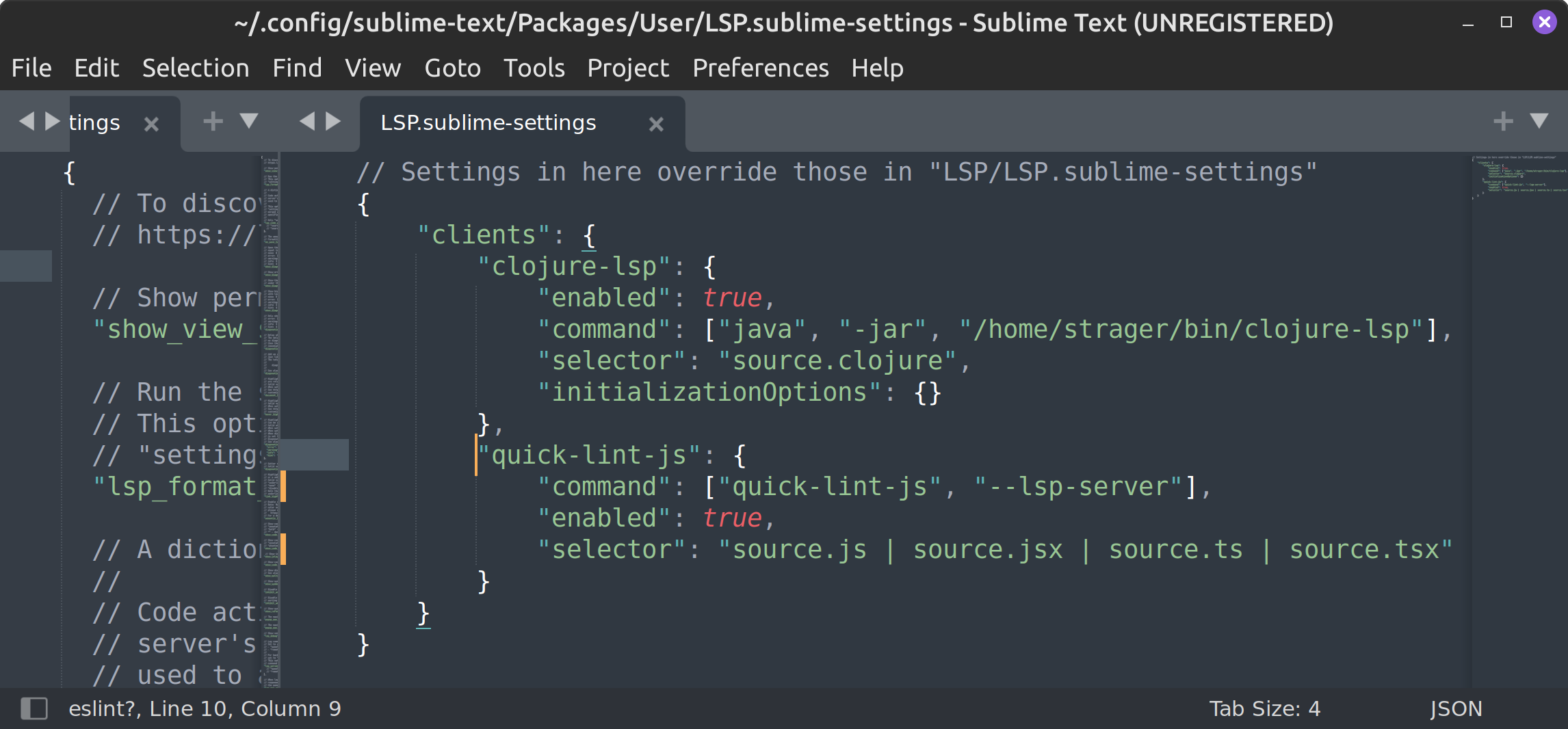 Sublime Text with LSP.sublime-settings open, showing closure-lsp and quick-lint-js settings