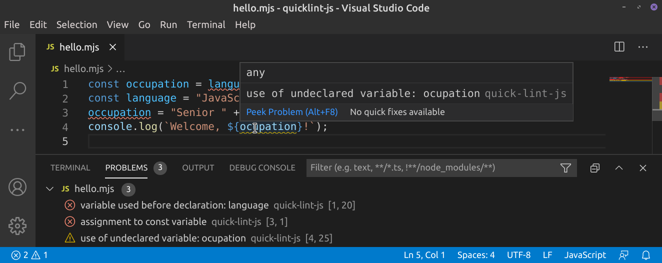 quick-lint-js running in Visual Studio Code